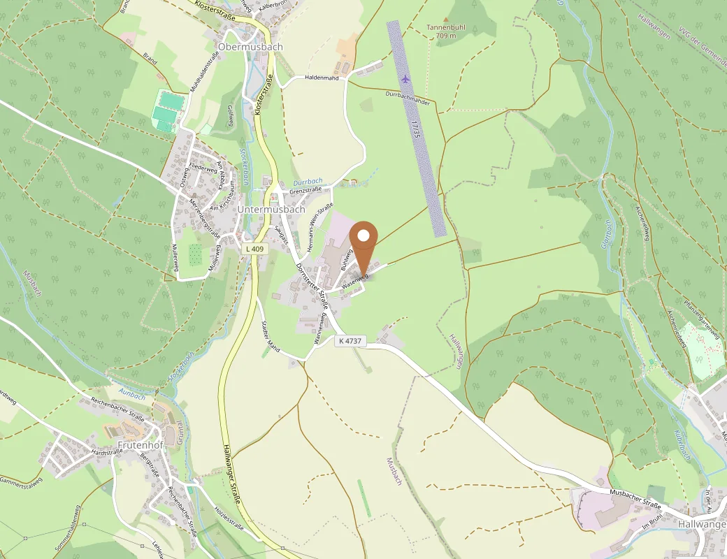 Kartenausschnitt von Musbach bei Freudenstadt mit markiertem Standort des Ferienhauses Lug ins Land am Wasenweg