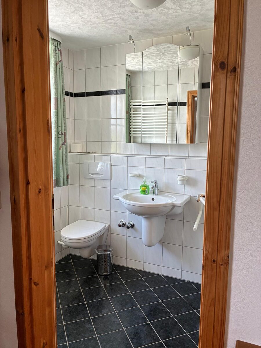 Helles Duschbad mit Waschbecken, Spiegelschrank und WC
